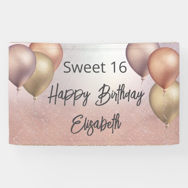 Rose gold glitter balloon sweet 16 party banner (Horizontal)