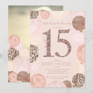 Rose gold glitter balloons blush Quinceanera photo Invitation