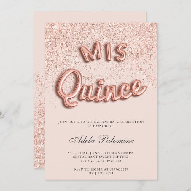 Rose gold glitter balloons chic blush Quinceañera Invitation (Front/Back)