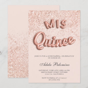 Rose gold glitter balloons chic blush Quinceañera Invitation