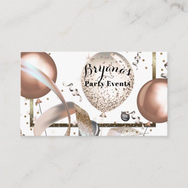 Rose Gold Glitter Balloons White Party Planner Business Card (Front)