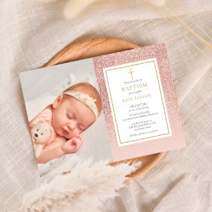 Rose Gold Glitter Baptism Christening Photo Invitation