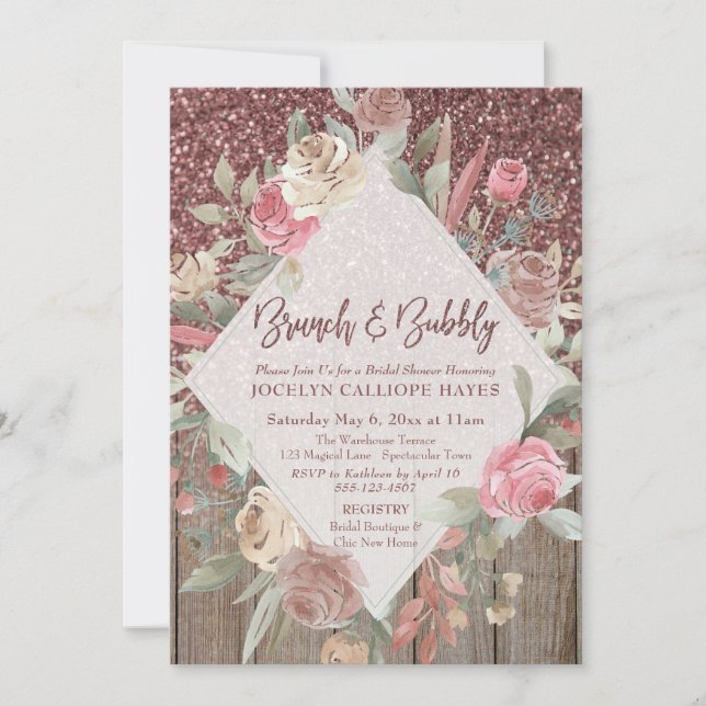 Rose Gold Glitter Barn Wood Floral Brunch & Bubbly Invitation (Front)
