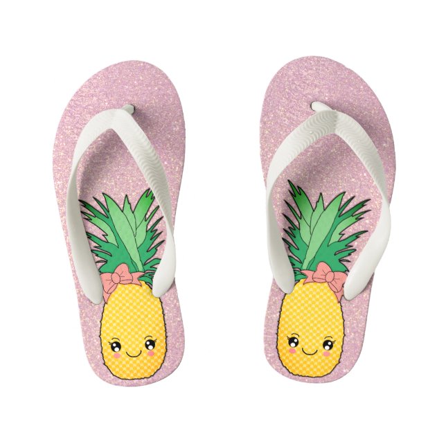 Rose Gold Glitter Beach Kawaii Pineapple Fruit Kid's Thongs (Footbed)
