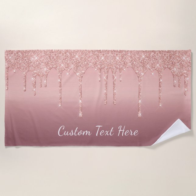 Rose Gold Glitter Beach Towel with Custom Text (Front)