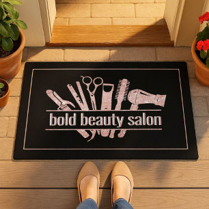 Rose Gold Glitter Beauty Salon Hairstylist Black Doormat