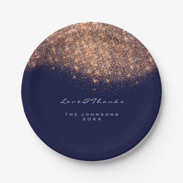 Rose Gold Glitter Birthday Blue Navy 16th Wedding Paper Plate (Front)