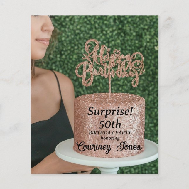 Rose Gold Glitter Birthday Cake 50th Birthday Flyer (Front)