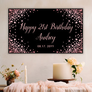 Rose Gold Glitter Black 21st Birthday Monogram Banner