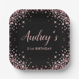 Rose Gold Glitter Black 21st  Birthday Monogram Paper Plate