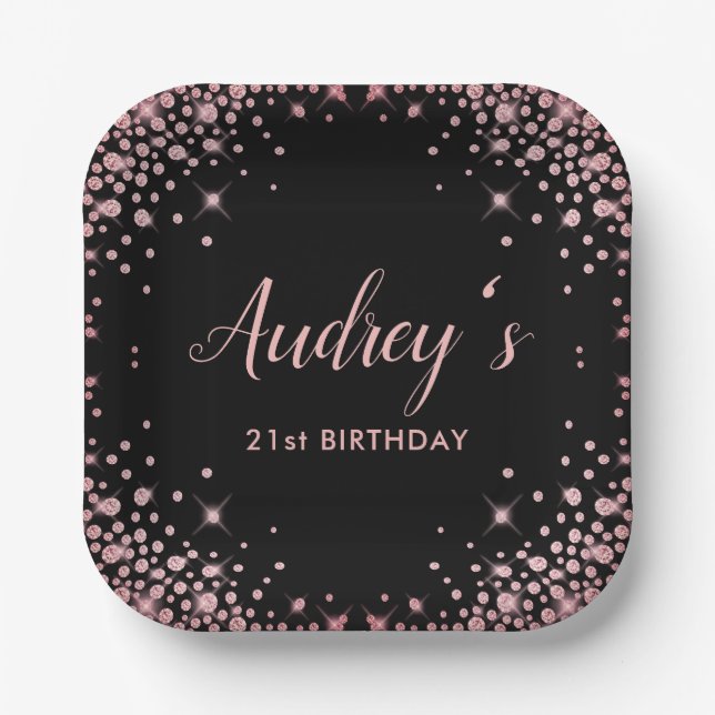Rose Gold Glitter Black 21st  Birthday Monogram Paper Plate (Front)