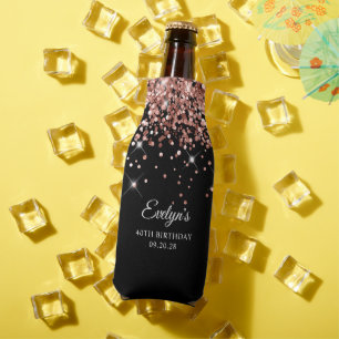 Rose Gold Glitter Black 40th Birthday Bottle Cooler