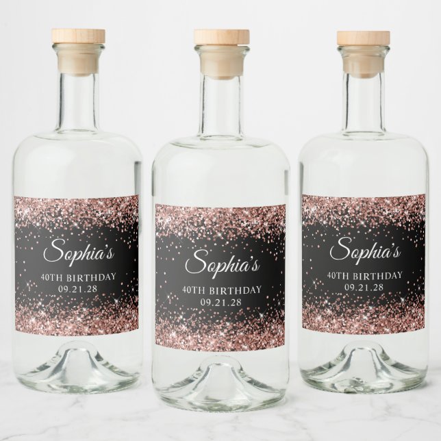 Rose Gold Glitter Black 40th Birthday Liquor Bottle Label (Bottles)