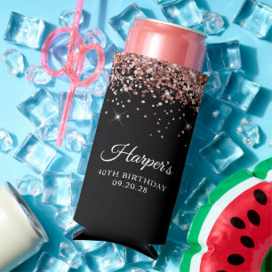 Rose Gold Glitter Black 40th Birthday Seltzer Can Cooler