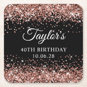 Rose Gold Glitter Black 40th Birthday Square Paper Coaster