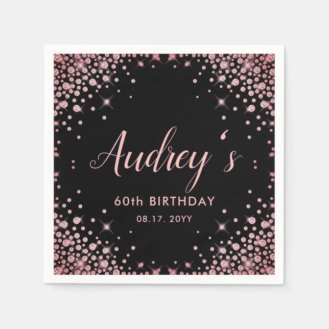 Rose Gold Glitter Black 60th Birthday Monogram Napkin (Front)