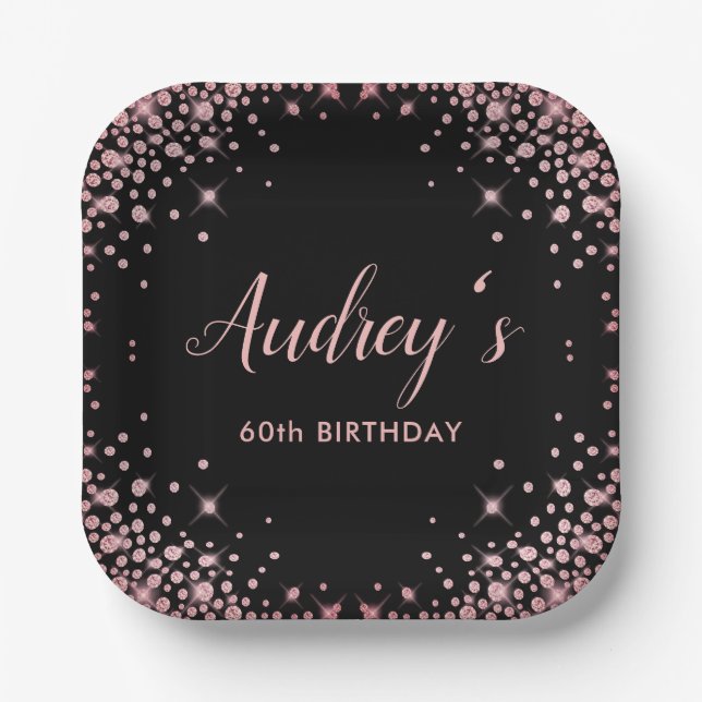 Rose Gold Glitter Black 60th Birthday Monogram Paper Plate (Front)