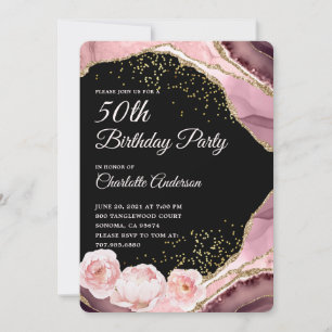 Rose Gold Glitter Black And Floral 50th Birthday  Invitation