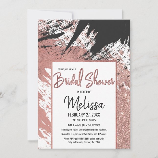 Rose Gold Glitter Black Brushstroke Bridal Shower Invitation (Front)