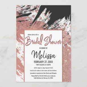 Rose Gold Glitter Black Brushstroke Bridal Shower Invitation