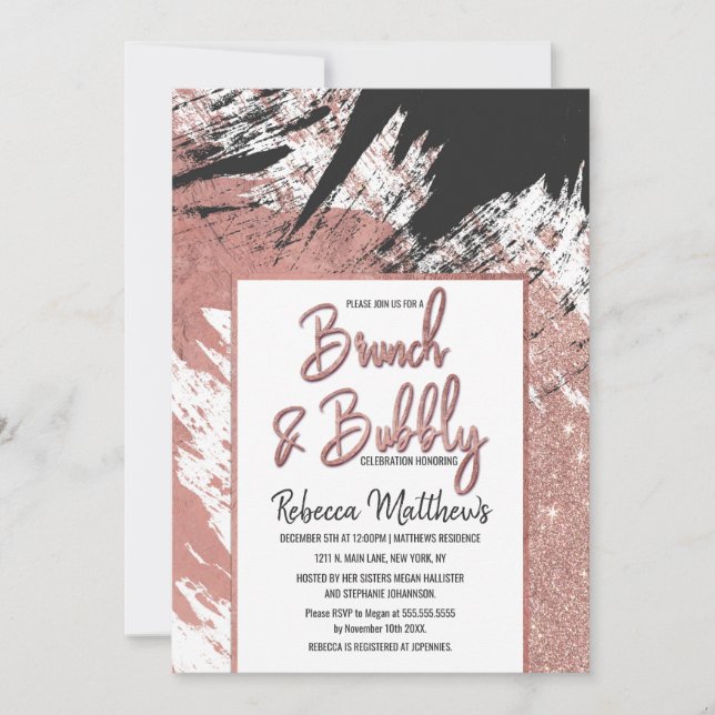 Rose Gold Glitter Black Brushstroke Brunch Bubbly Invitation (Front)