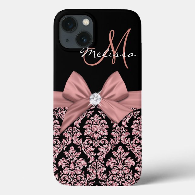 Rose gold glitter Black Damask, Bow, Diamond Case-Mate iPhone Case (Back)