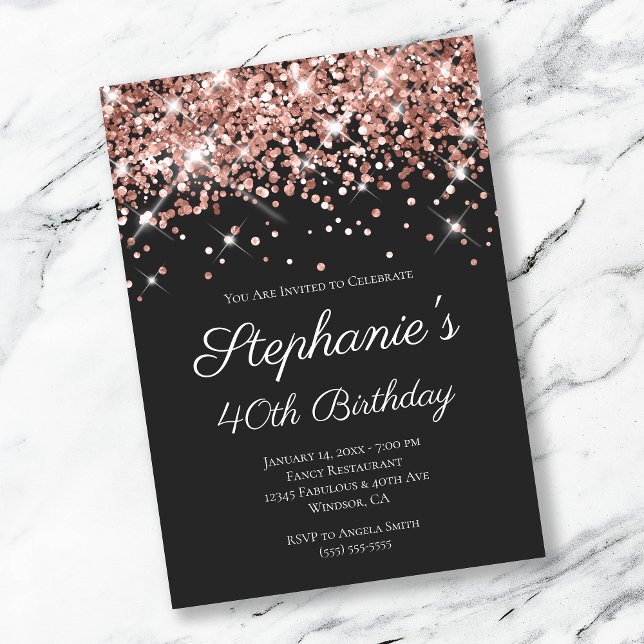 Rose Gold Glitter Black Elegant 40th Birthday Invitation (Creator Uploaded)