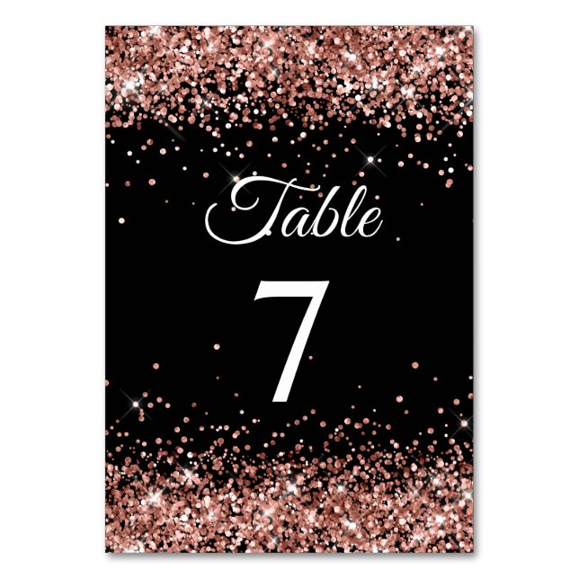 Rose Gold Glitter Black Elegant Calligraphy Table Number (Front)