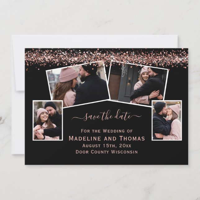 Rose Gold Glitter Black Four Photo Save The Date (Front)