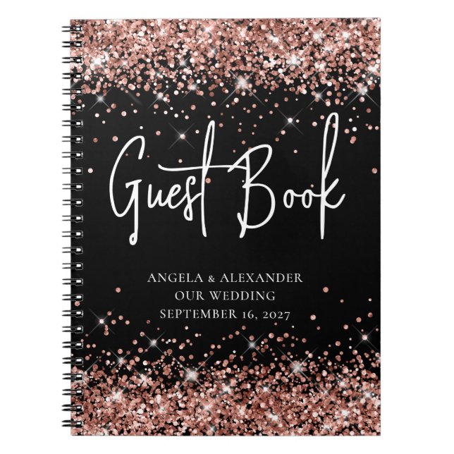 Rose Gold Glitter Black Glam Wedding Guestbook Notebook (Front)