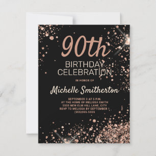 Rose Gold Glitter Black Glitz Glam 90th Birthday Card