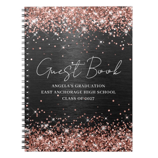 Rose Gold Glitter Black Metallic Graduation Guest Notebook (Front)