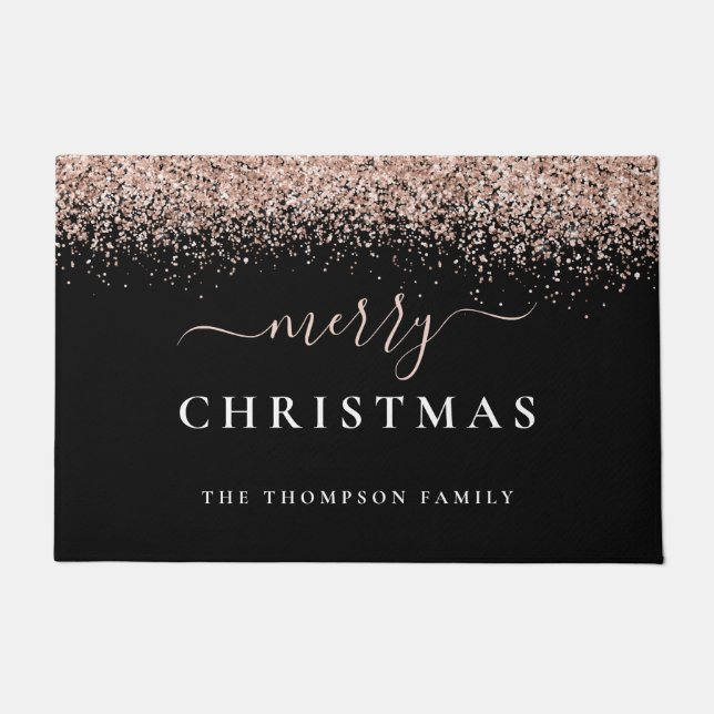Rose Gold Glitter Black Name Merry Christmas  Doormat (Front)