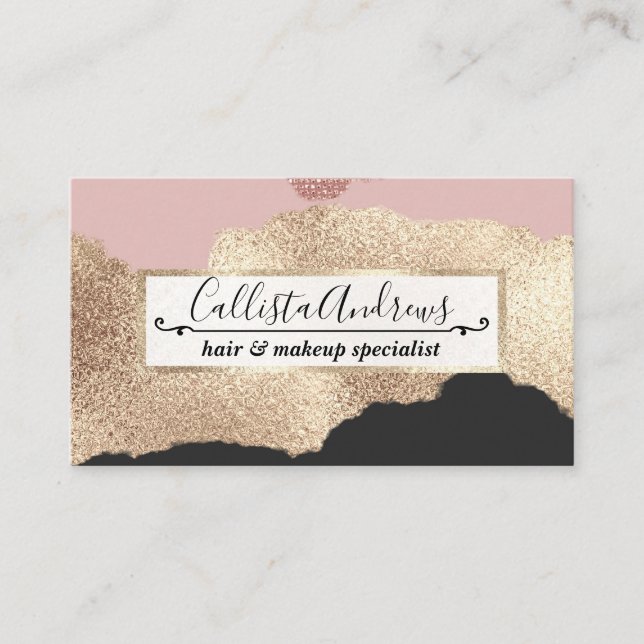 Rose Gold Glitter Black Pink Abstract Girly Art Business Card (Front)