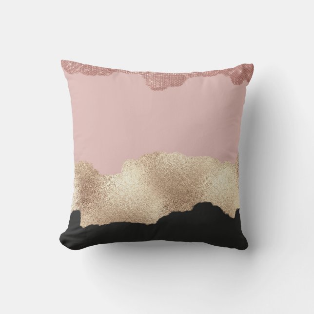 Rose Gold Glitter Black Pink Abstract Girly Art Cushion (Front)