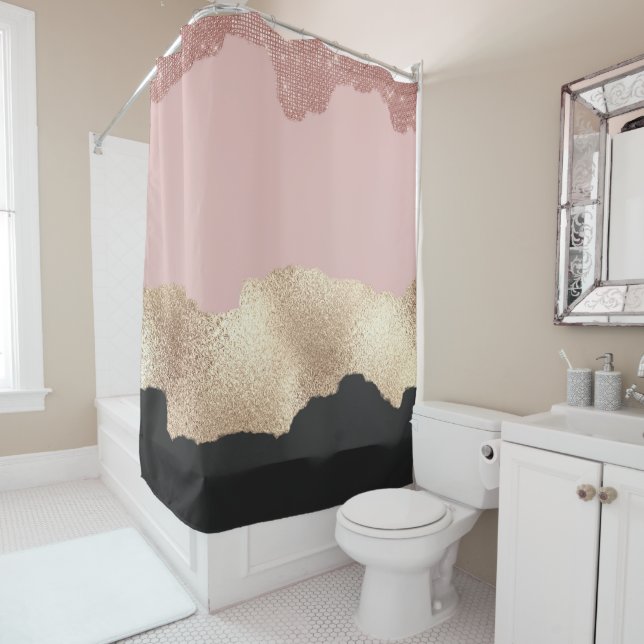 Rose Gold Glitter Black Pink Abstract Girly Art Shower Curtain (In Situ)
