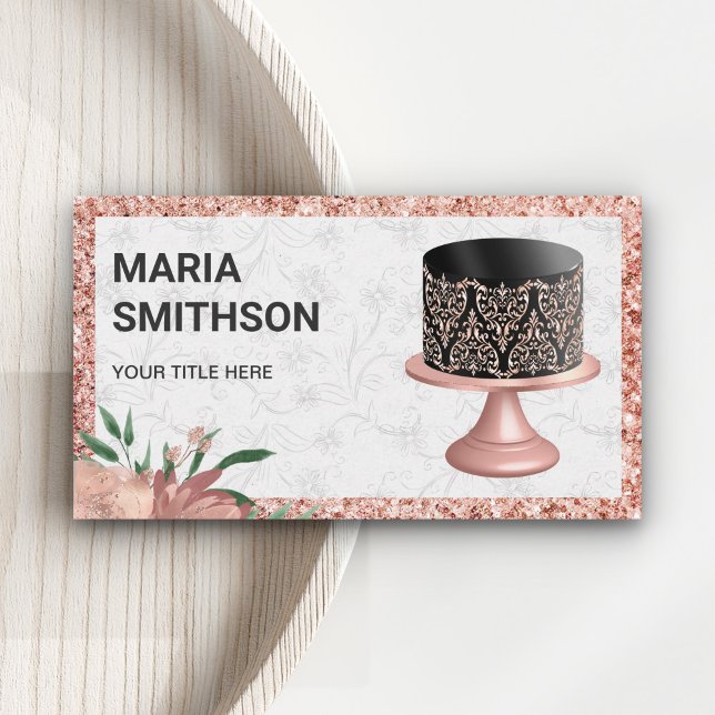 Rose Gold Glitter Black Pink Damask Cake Bakery Business Card (Creator Uploaded)