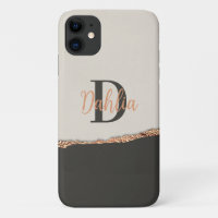 Rose gold glitter black pink modern monogram