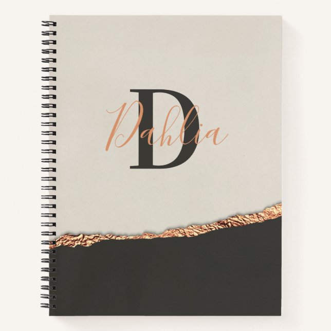 Rose gold glitter black pink modern monogram notebook (Front)
