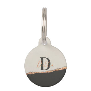 Rose gold glitter black pink modern monogram  pet tag