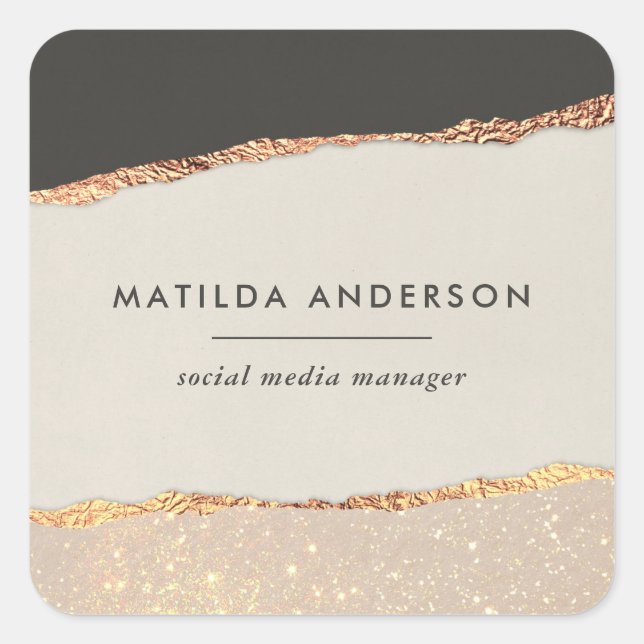 Rose gold glitter black pink modern square sticker (Front)