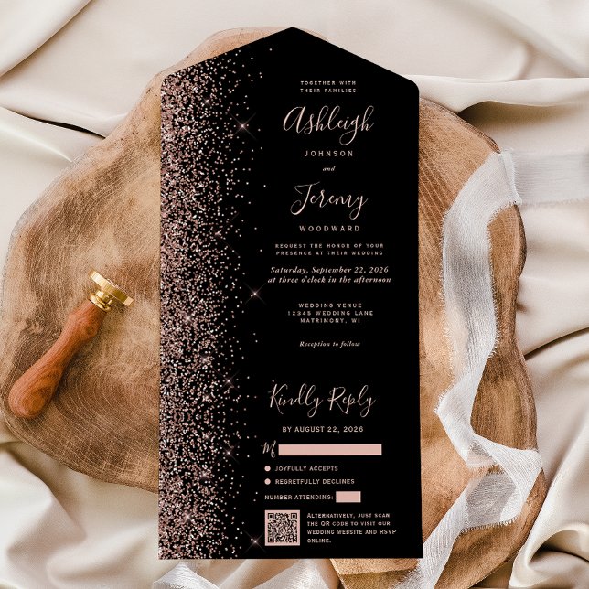 Rose Gold Glitter Black QR Code Wedding All In One Invitation (Creator Uploaded)