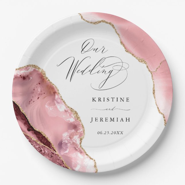 Rose Gold Glitter Black Script Luxury Wedding Paper Plate (Front)