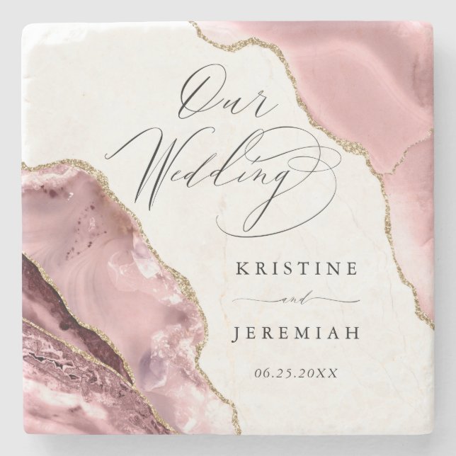 Rose Gold Glitter Black Script Luxury Wedding Stone Coaster (Front)