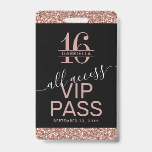 Rose Gold Glitter Black Sweet 16 Invitation VIP ID Badge