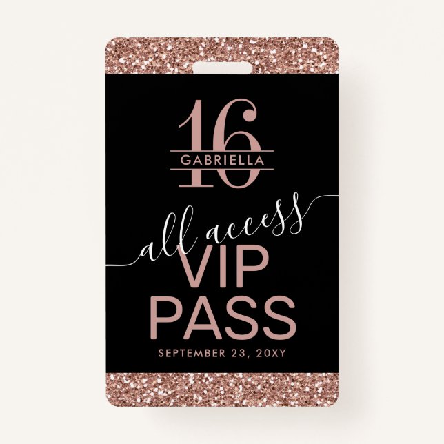 Rose Gold Glitter Black Sweet 16 Invitation VIP ID Badge (Front)