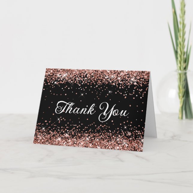 Rose Gold Glitter Black Thank You Card (Front)