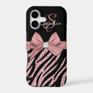 Rose Gold Glitter Black Zebra Stripes Bow Monogram