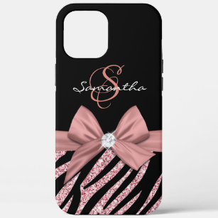 Rose Gold Glitter Black Zebra Stripes Bow Monogram iPhone 12 Pro Max Case