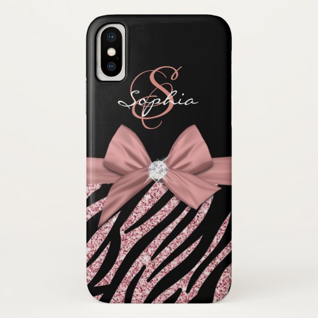 Rose Gold Glitter Black Zebra Stripes Bow Monogram Case-Mate iPhone Case (Back)